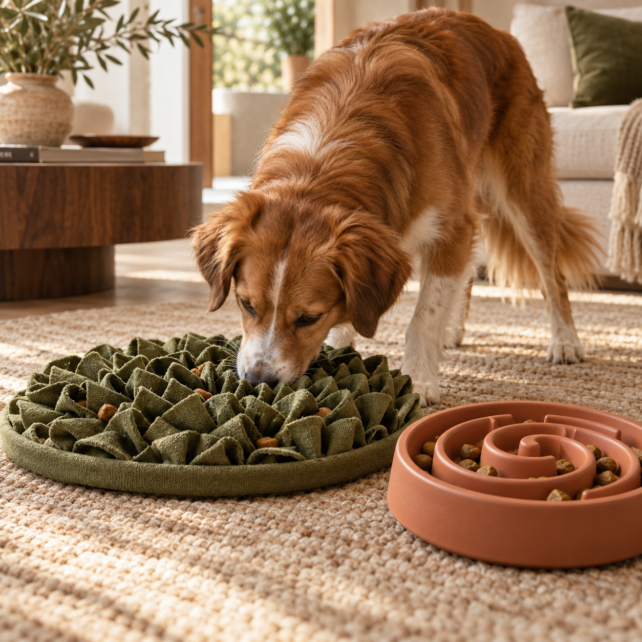 Dog using a snuffle mat and slow feeder toy