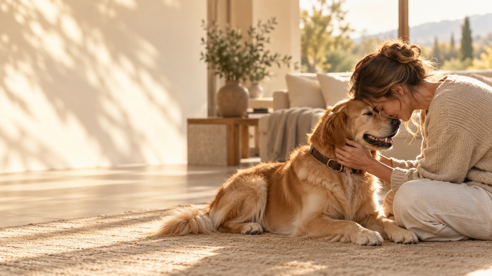 A pet owner sharing a gentle moment with a golden retriever