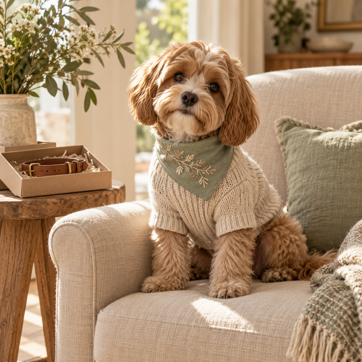 Personalized dog sweater, embroidered bandana and collar gift set